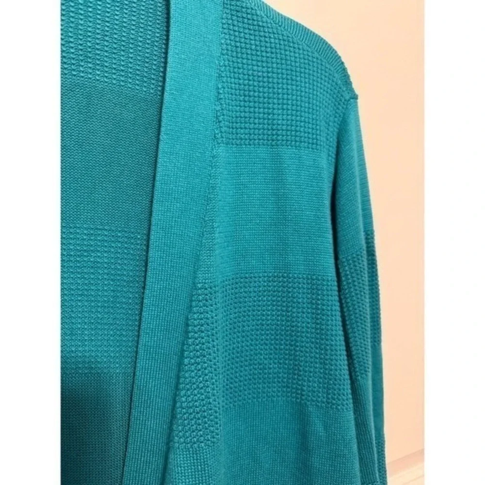 Lands End Teal Blue Cardigan Sweater Knit Stripe Open Front‎ Women 1X 60/40